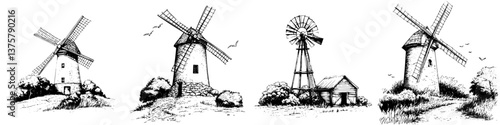 Historic windmills showcasing agriculture and rural charm in a serene landscape during a clear day