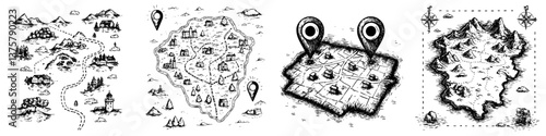 Detailed sketches of various maps illustrating terrains, landmarks, and routes for exploration and navigation