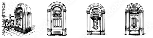 Vintage jukebox collection showcasing classic designs in a retro diner setting with nostalgic charm