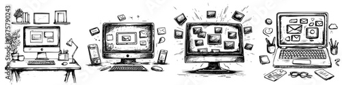Creative digital workspace illustrations showcasing various computer setups with messages and applications in an artistic style