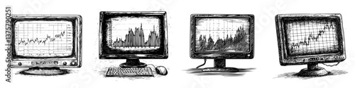 Graphs displayed on multiple computer monitors show trends and data analysis in a financial or trading context