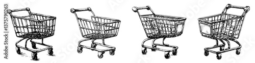 Illustrations of shopping carts in various perspectives showcasing their design and function in a retail environment