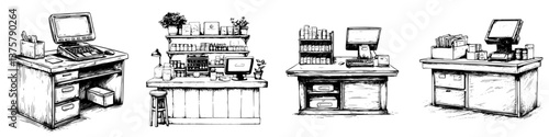 Various workspace designs featuring cash registers and organizational setups for retail environments during the day