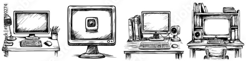 Artistic sketch of computer workstation setups in different styles at a creative workspace