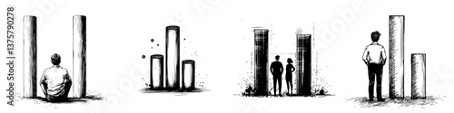 Multiple figures contemplating vertical structures in an urban environment during daylight hours