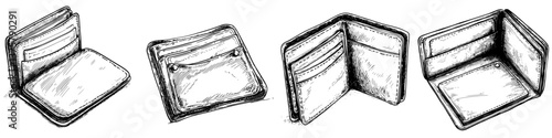 Sketch of various wallet designs showing open and closed positions with detailed features