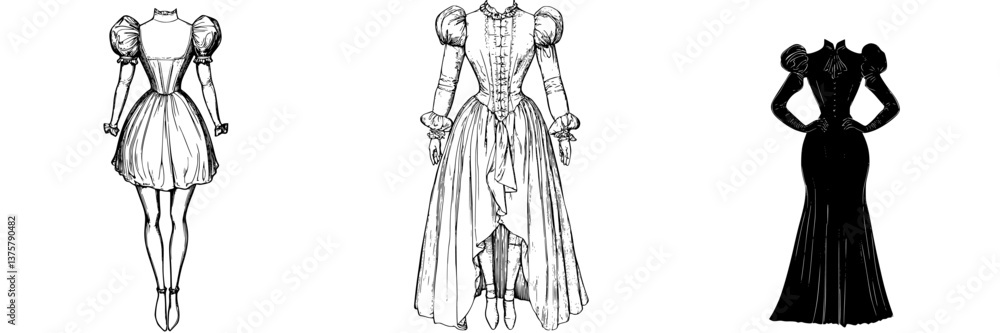 Fototapeta premium Fashion sketches showcase various dress designs featuring puff sleeves and elegant silhouettes in a creative presentation