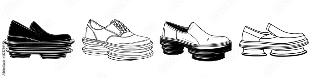 Unique modern shoe designs displayed in a minimalist style featuring chunky soles and diverse styles Unique modern shoe designs displayed in a minimalist style featuring chunky soles and diverse styles