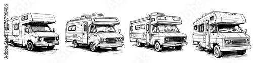 Various styles of recreational vehicles showcased in a detailed sketch on a white background