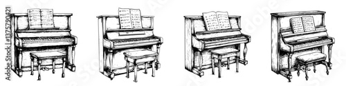 Four classic pianos arranged side by side showcasing different styles and designs in a simple black and white sketch