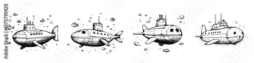 Submarines exploring underwater landscapes amidst schools of fish in detailed sketches