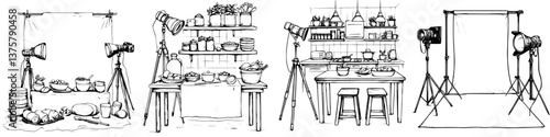 Kitchen setup for food photography featuring lighting equipment and various ingredients
