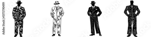 Stylish vintage suits displayed on models showcasing elegant fashion choices from the mid-20th century