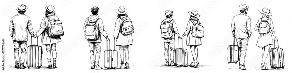 Couples with luggage walking hand in hand through a city street during a sunny day in an urban environment Couples with luggage walking hand in hand through a city street during a sunny day in an urban environment