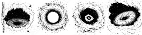 Galaxies and black holes illustrated in a cosmic journey through outer space showing various stages of formation and activity