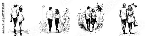 Couples enjoying romantic walks through nature during different times of day showcasing love and connection
