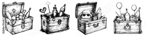 Various vintage treasure chests filled with drinks and party items in a lively celebration setting