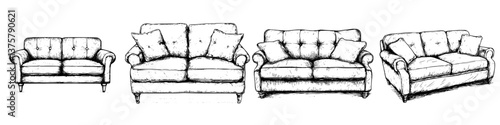 Collection of various sofa designs showcasing size and style differences in living room furniture