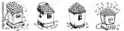 Various popcorn machines filled with freshly popped popcorn on display in a kitchen setting
