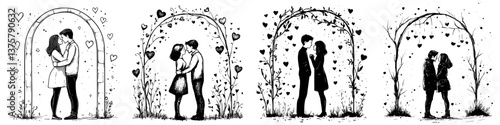 Couples sharing love under archways adorned with hearts in a romantic setting
