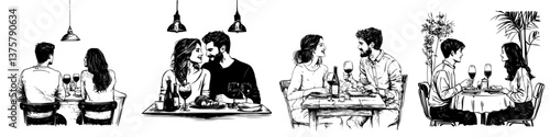 Couples enjoying romantic dinners in various restaurant settings during evening hours