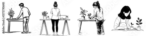 People engaged in indoor gardening activities at home during a relaxing afternoon, nurturing plants and preparing pots