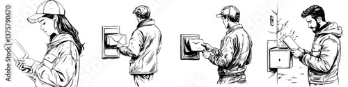 Postal workers engaged in mail delivery activities in various settings during the day
