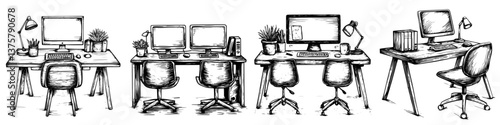 Workspaces showcasing different desk setups with plants and monitors for productivity and comfort