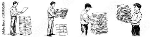 Multiple individuals manage large stacks of documents in an office setting demonstrating organization and productivity during the workday
