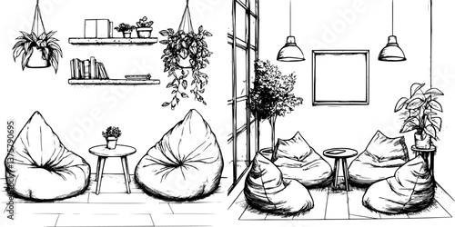 Cozy bean bag lounge area designed for relaxation and social gatherings in a modern indoor setting