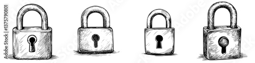 Different styles of padlocks displayed on a white background illustrating security concepts and mechanisms used for protection