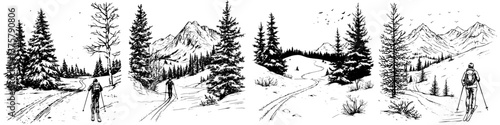 Winter landscape with skiers navigating snow-covered trails and majestic mountains at dawn in a tranquil forest setting