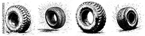 Different stages of a tire in motion showcasing various angles and perspectives in a stylized black and white illustration