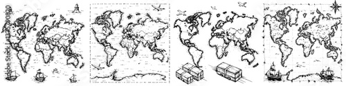 Maps illustrating different views of the world with nautical themes and transportation elements during a historical exploration period