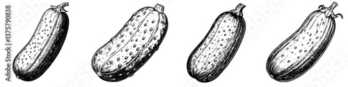 Various illustrations of cucumbers showcasing different shapes and textures on a white background