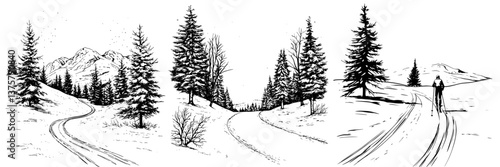 Winter landscape with snow-covered mountains and winding paths through evergreen trees at dusk