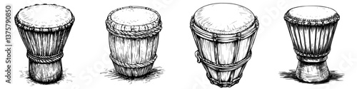 Different styles of traditional drums displayed on a white background highlighting cultural musical instruments