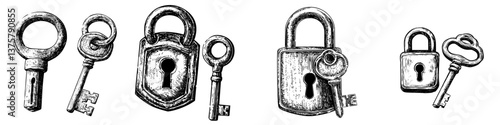 Vintage keys and locks displayed on a white background highlighting unique designs and details in craftsmanship