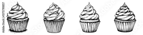 Intricate sketches of delightful cupcakes showcasing different frosted designs in black and white style