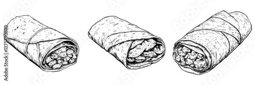 Freshly prepared burritos wrapped tightly with a variety of fillings ready to serve at a food stall during lunchtime