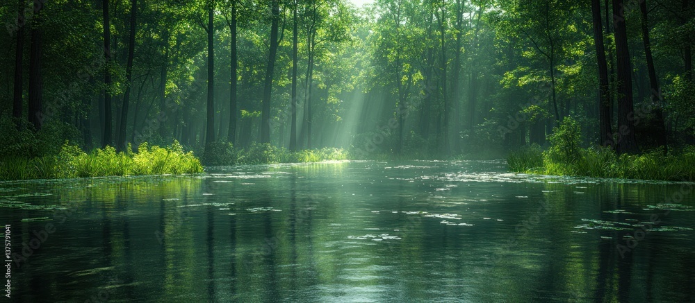 Serene forest stream, sunbeams through trees Serene forest stream, sunbeams through trees