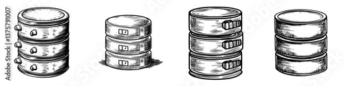 Illustration of stacked containers used for food storage in a kitchen setting with varied sizes and designs