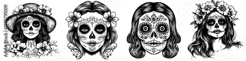 Intricate sugar skull designs featuring floral decorations for Day of the Dead celebration