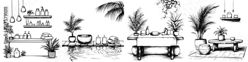 Spa interior design featuring plants and relaxation elements for a tranquil atmosphere