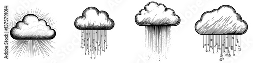 Illustration of various cloud types showcasing rain, sun, and different weather conditions in a creative design