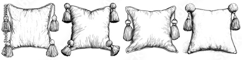 Decorative throw pillows with tassels in varying designs and textures displayed together
