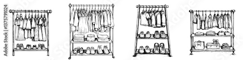 Display of various clothing styles and shoe arrangements in a minimalistic design