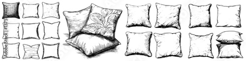 Decorative pillows in various styles and designs arranged on a white background showcasing textures and patterns
