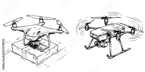 Different drone designs on a surface showing innovation in aerial technology and engineering