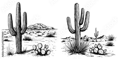 Cacti thriving in a desert landscape with mountains and various plants under clear sky